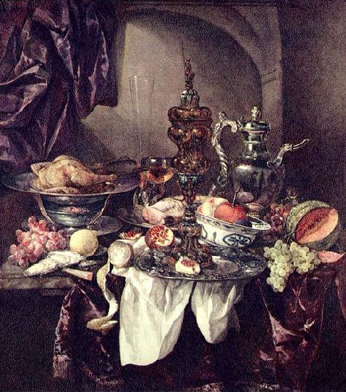 Abraham van Beijeren Still life with fruit, roast, silver- and glassware, porcelain and columbine cup on a dark tablecloth with white serviette.